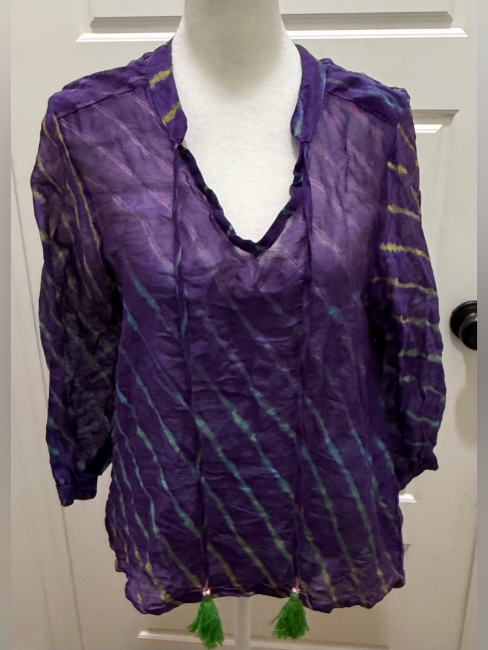 Oliphant. Lightweight Cotton Tie Dye Peasant Blouse. Purple. Size Small.